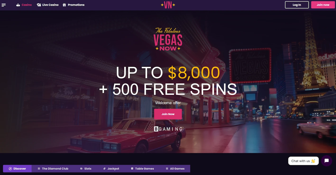 VegasNow frontpage showing welcome offer